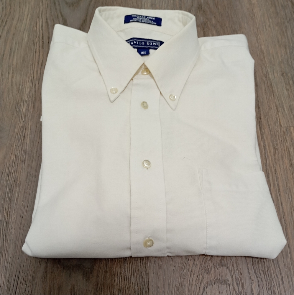 Savile Row Men Shirt Beige Cotton Blend 16.1/2 Easy Care Short Sleeve Butt  FLAW